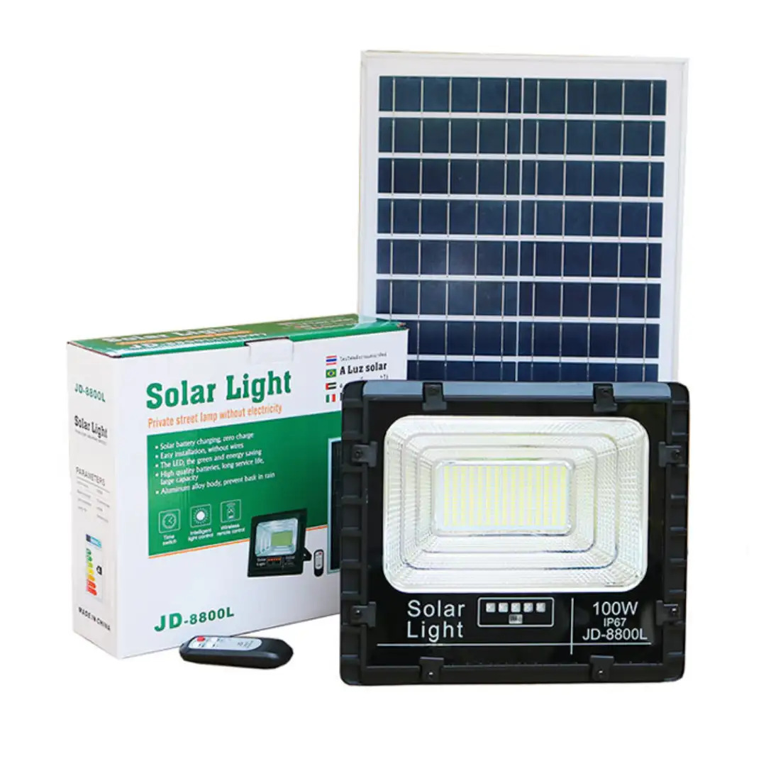 Đèn pha năng lượng mặt trời 100W JINDIAN JD-8880L 8931 Ảnh thực tế Đèn pha năng lượng mặt trời 100W JINDIAN JD-8880L gồm tấm pin remote và đèn