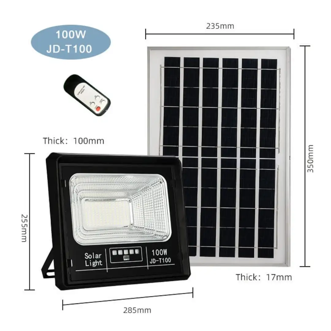 Đèn pha năng lượng mặt trời 100W JINDIAN JD-T100 8906 Bộ Đèn pha năng lượng mặt trời 100W JINDIAN JD-T100 gồm đèn, tấm pin và remote