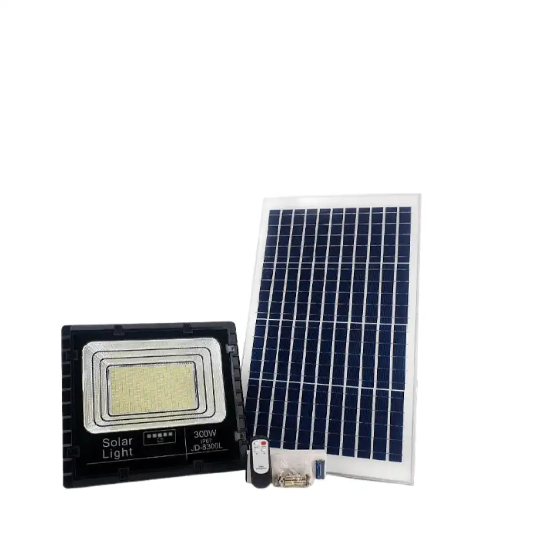 Đèn pha năng lượng mặt trời 300W JINDIAN JD-8300L 8942 Bộ đèn pha năng lượng mặt trời 300W JINDIAN JD-8300L gồm tấm pin, remote, đèn và linh kiện kèm theo
