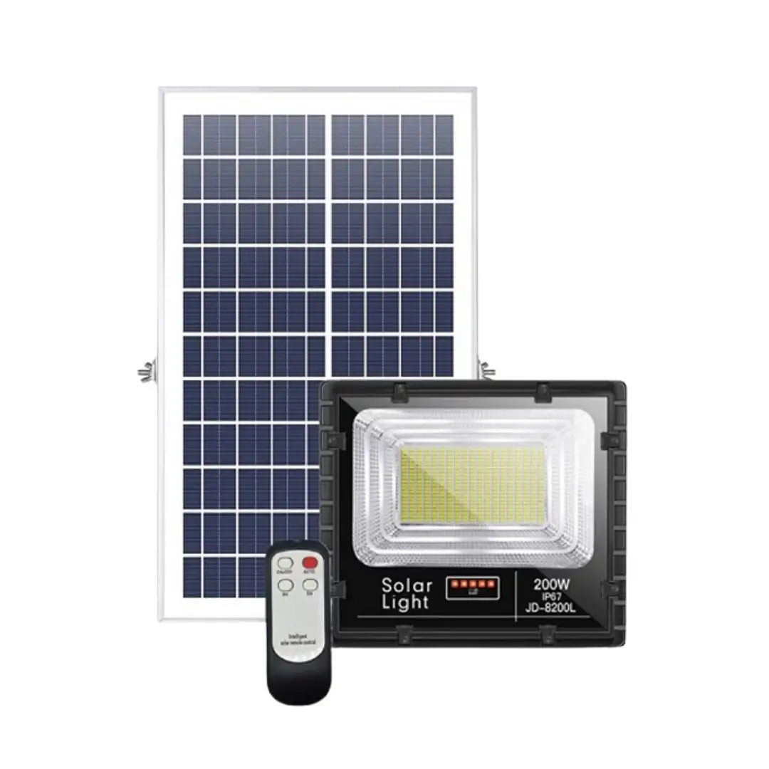 Đèn pha năng lượng mặt trời 200W JINDIAN JD-8200L 8936 Đèn pha năng lượng mặt trời 200W JINDIAN JD-8200L gồm tấm pin, đèn, remote