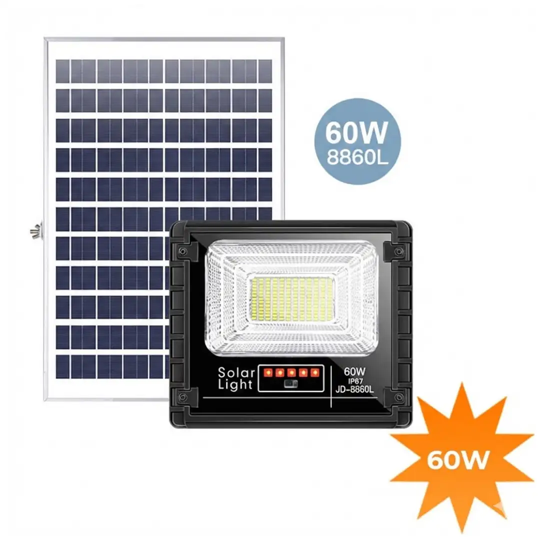 Đèn pha năng lượng mặt trời 60W JINDIAN JD-8860L 8913 Đèn pha năng lượng mặt trời 60W JINDIAN JD-8860L gồm đèn và tấm pin