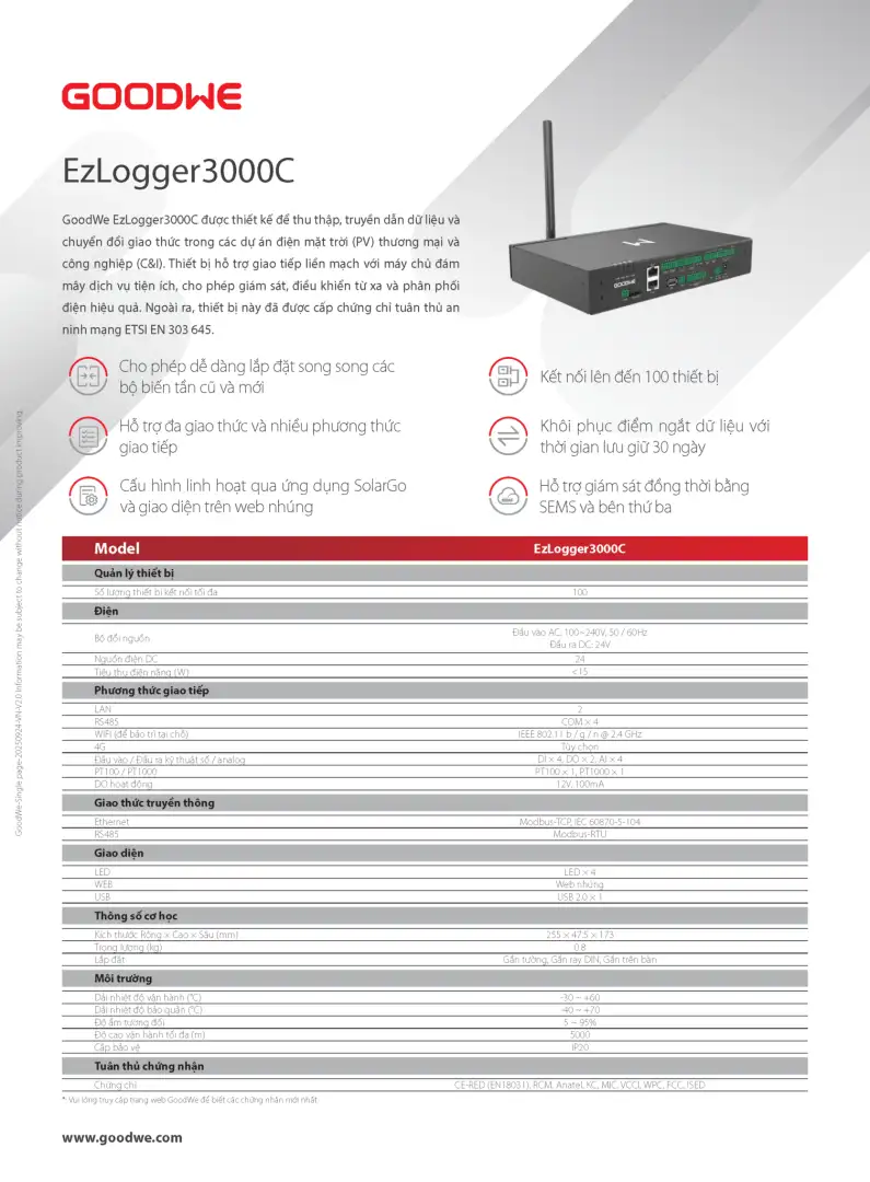 Bộ ghi giữ liệu thông minh GoodWe EzLogger 3000C (Smart DataLogger) | EzLogger3000C 9308 Thong so ki thuat Bo ghi giu lieu thong minh GoodWe EzLogger 3000C 9308 31/01/2026