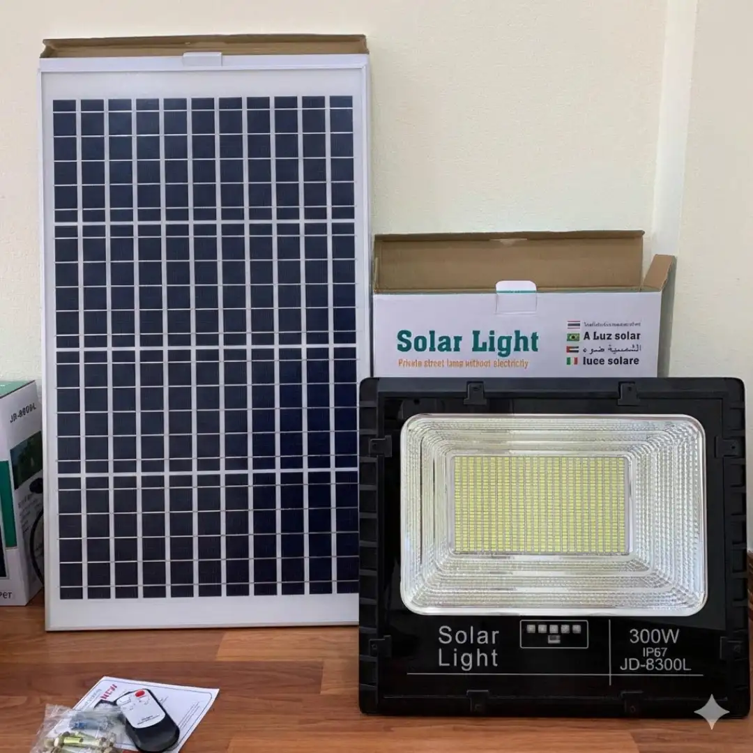 Đèn pha năng lượng mặt trời 300W JINDIAN JD-8300L 8942 Trưng bày Đèn pha năng lượng mặt trời 300W JINDIAN JD-8300L