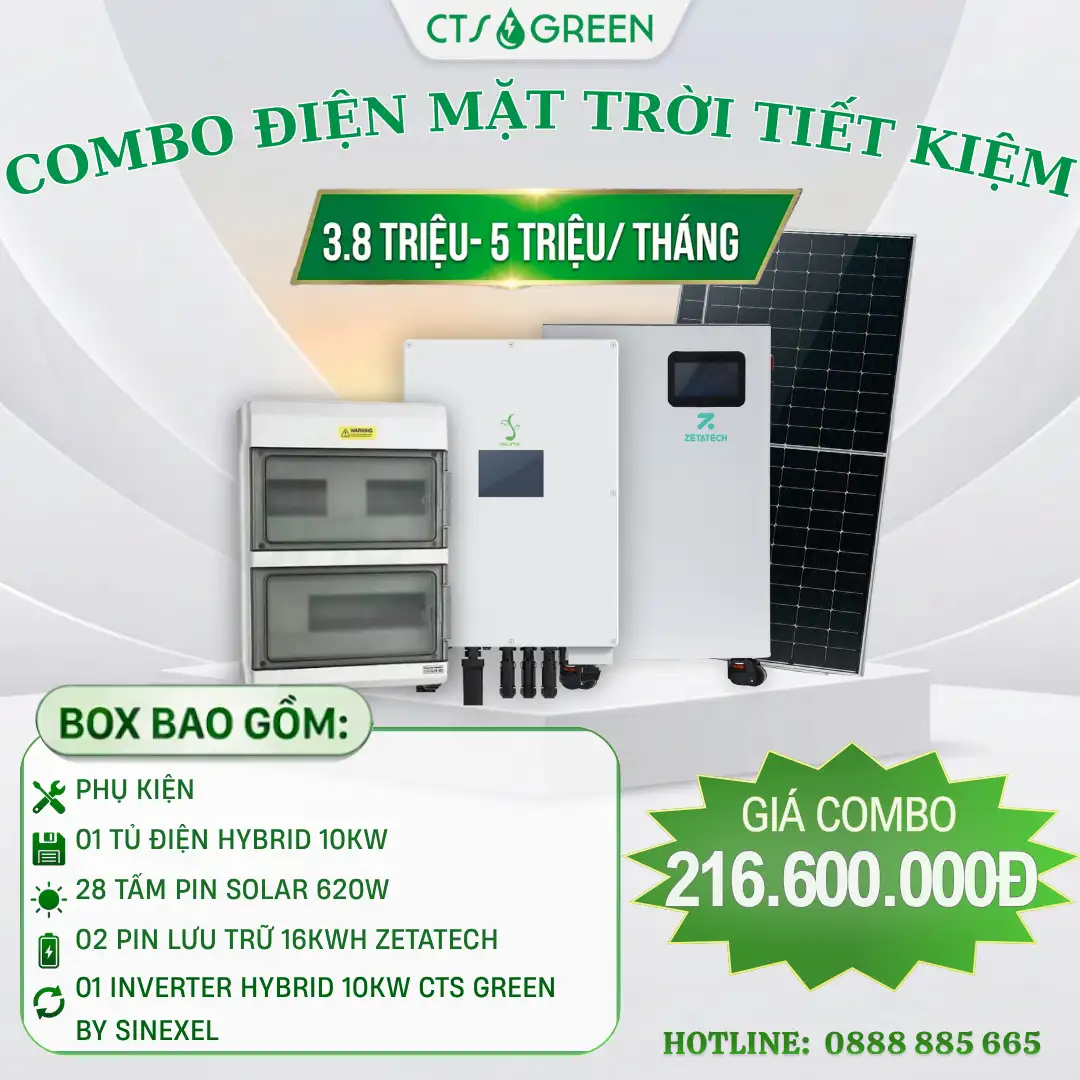 Combo Điện Mặt Trời 10kW Hybrid tiết kiệm 3,8 - 5 triệu/tháng
