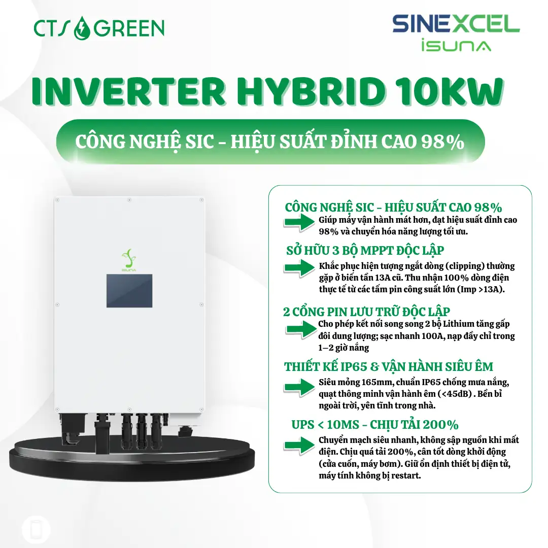 Combo Điện Mặt Trời 10kW Hybrid tiết kiệm 3,8 - 5 triệu/tháng 10057 Inverter Hybrid 10Kw Isuna SineXcel by CTS Green