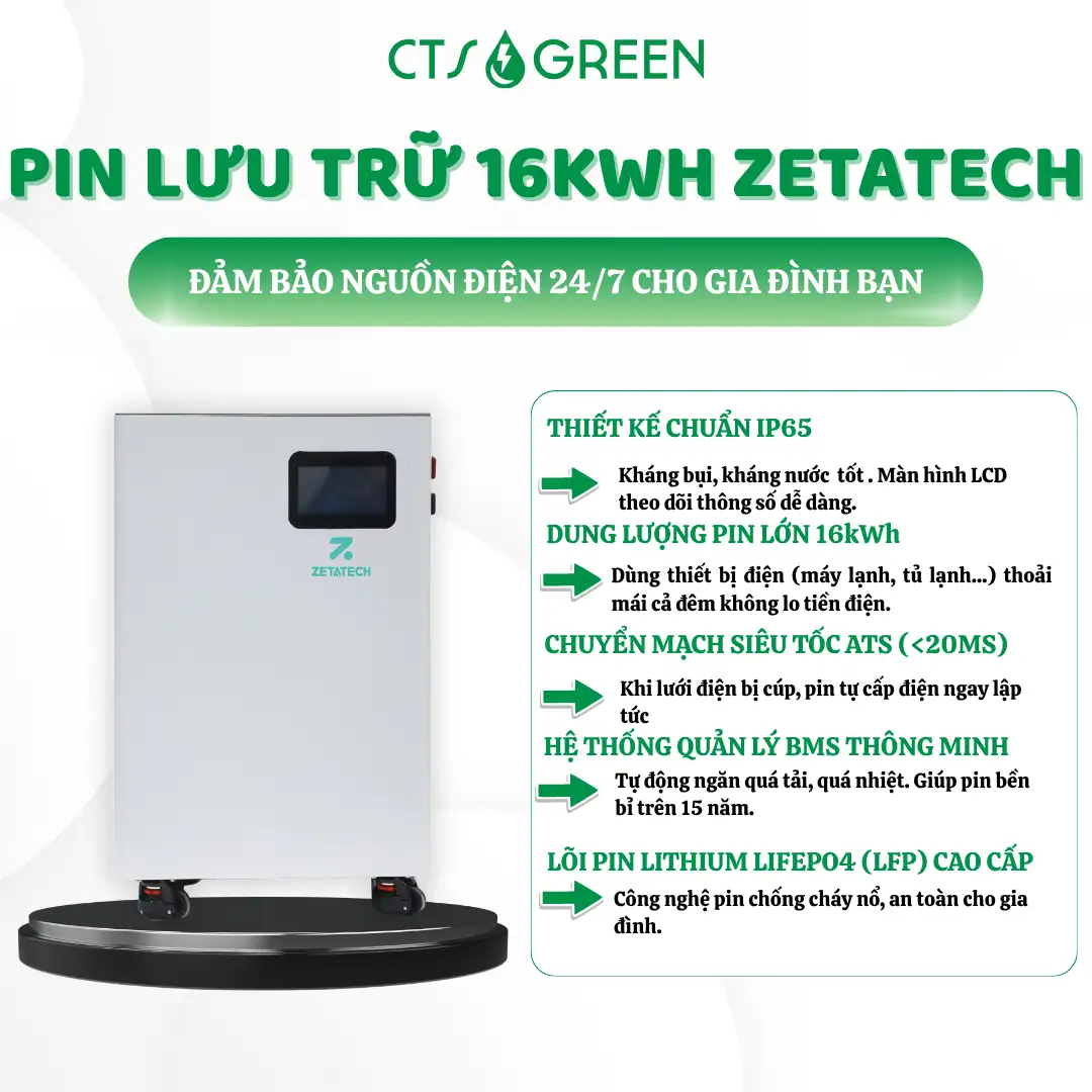 Combo Điện Mặt Trời 10kW Hybrid tiết kiệm 3,8 - 5 triệu/tháng 10057 Pin luu tru 16kWH Zetatech 10057 23/04/2026