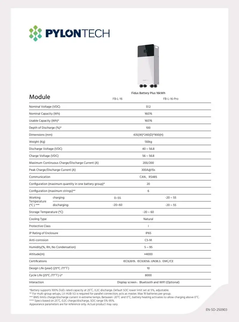 Bộ Lưu Trữ Điện Pylontech FB-L-16 16kWh 9938 Thông số kĩ thuật của Bộ Lưu Trữ Điện Pylontech FB-L-16 16kWh